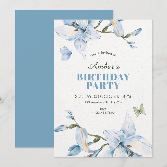 Invitation Fleur bleue esthétique floraison anniversaire (Devant / Derrière)