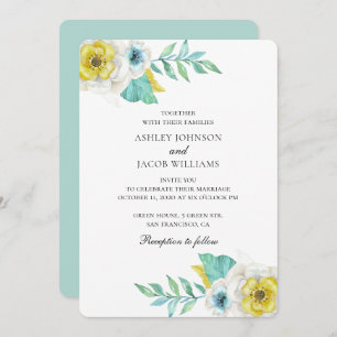 Invitation Fleur bleue et jaune. Mariage botanique à la menth