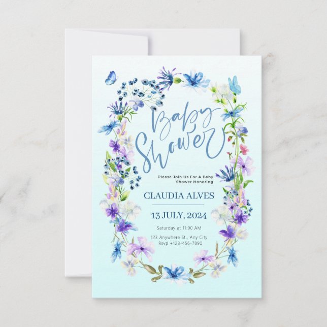 Invitation fleur bleue et papillon aquarelle babyshower (Devant)