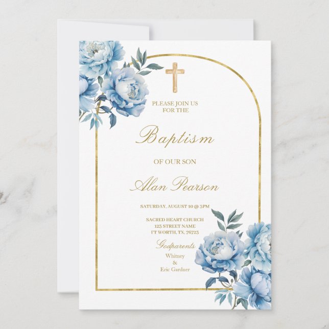 Invitation Fleur bleue Floral garçon baptême (Devant)