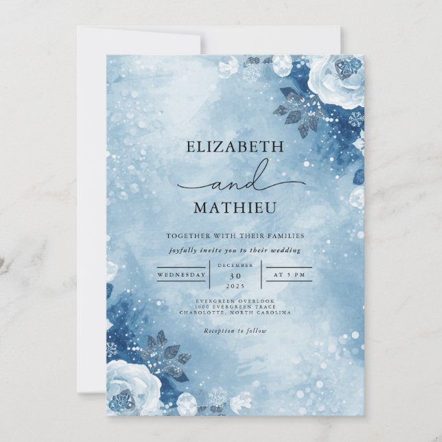 Invitation Fleur bleue gelée Mariage d'hiver (Devant)
