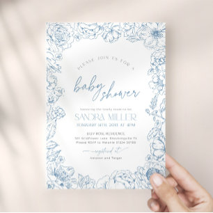 Invitation Fleur bleue Toile de Jouy Baby Shower