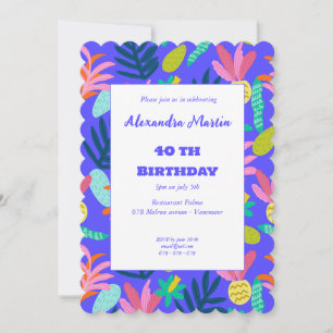 Invitation Fleur bleue tropical joli 40ème anniversaire de pi