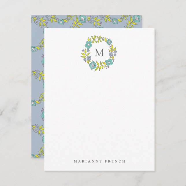 Invitation Fleur bleue Wreath Monogramme Papier personnel (Devant / Derrière)