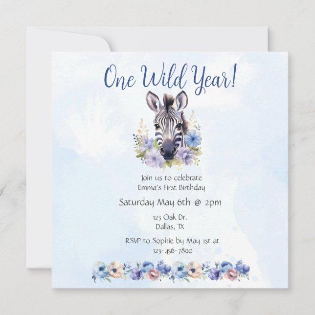 Invitation Fleur bleue Zèbre Anniversaire (Devant)