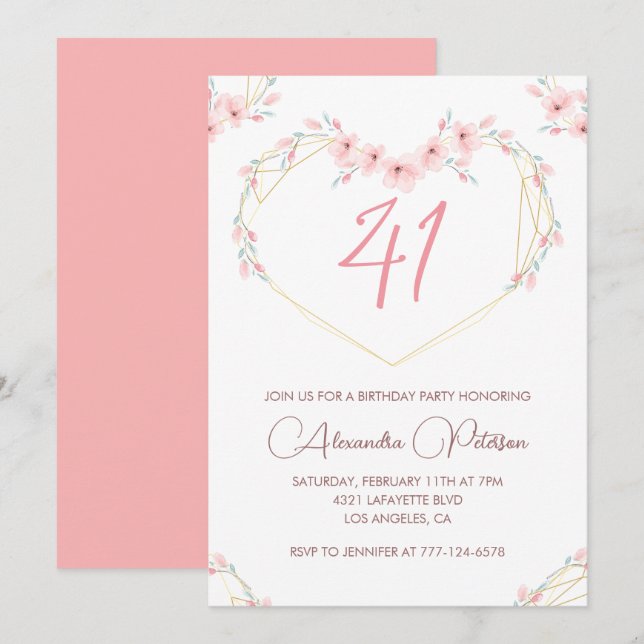 Invitation Fleur bohème aquarelle rose 41e anniversaire  (Devant / Derrière)