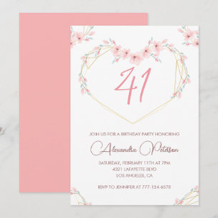 Invitation Fleur bohème aquarelle rose 41e anniversaire 