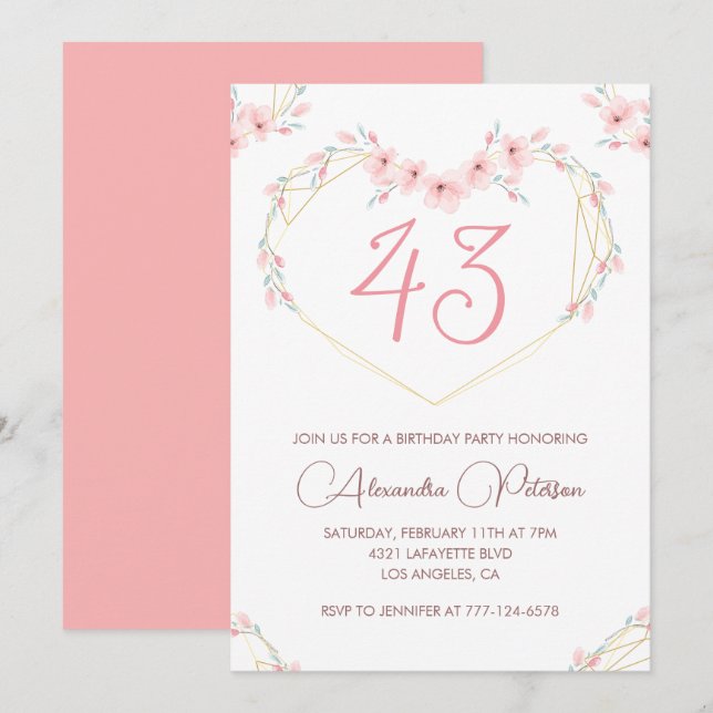 Invitation Fleur bohème aquarelle rose 43e anniversaire  (Devant / Derrière)