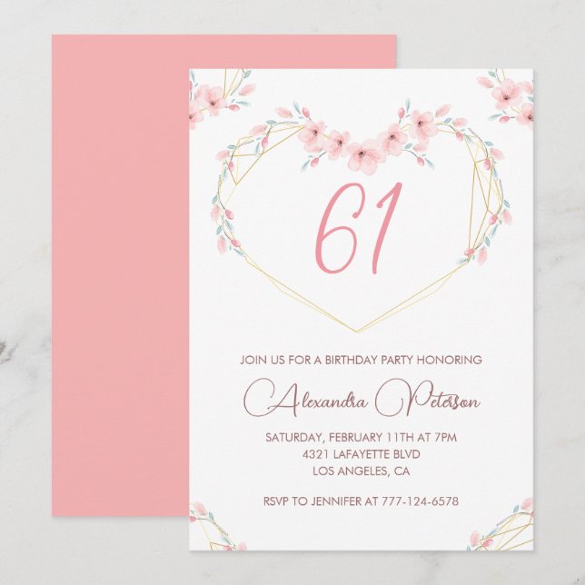 Invitation Fleur bohème aquarelle rose 61e anniversaire  (Devant / Derrière)