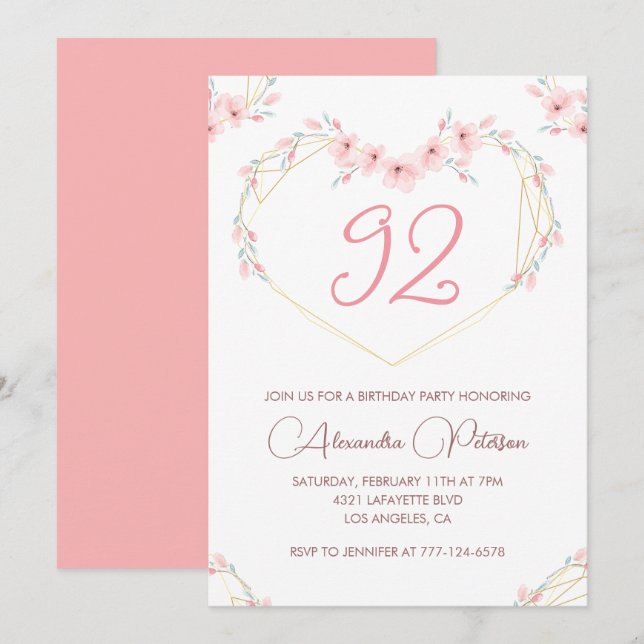 Invitation Fleur bohème aquarelle rose 92e anniversaire  (Devant / Derrière)