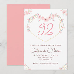 Invitation Fleur bohème aquarelle rose 92e anniversaire