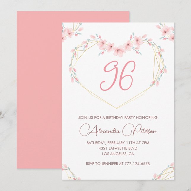 Invitation Fleur bohème aquarelle rose 96e anniversaire  (Devant / Derrière)
