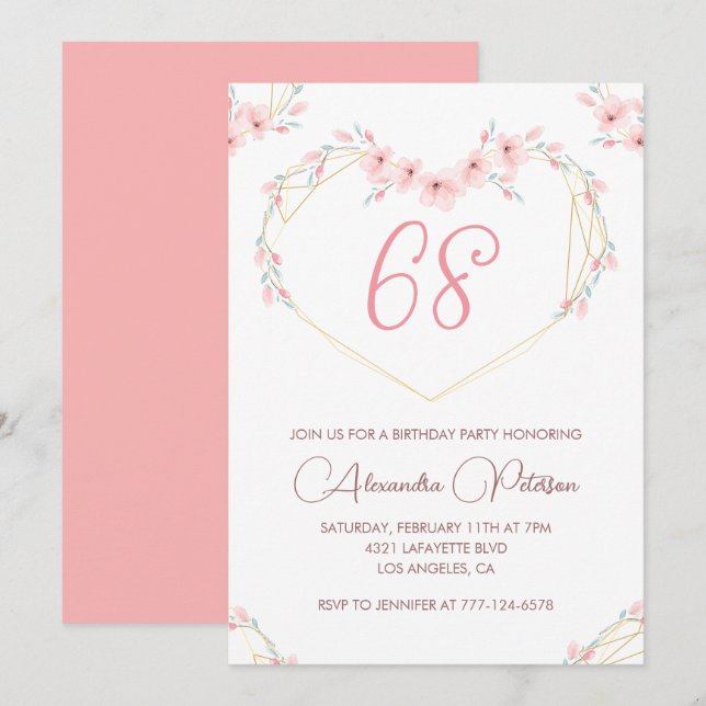 Invitation Fleur bohème aquarelle rose pour 68e anniversaire  (Devant / Derrière)