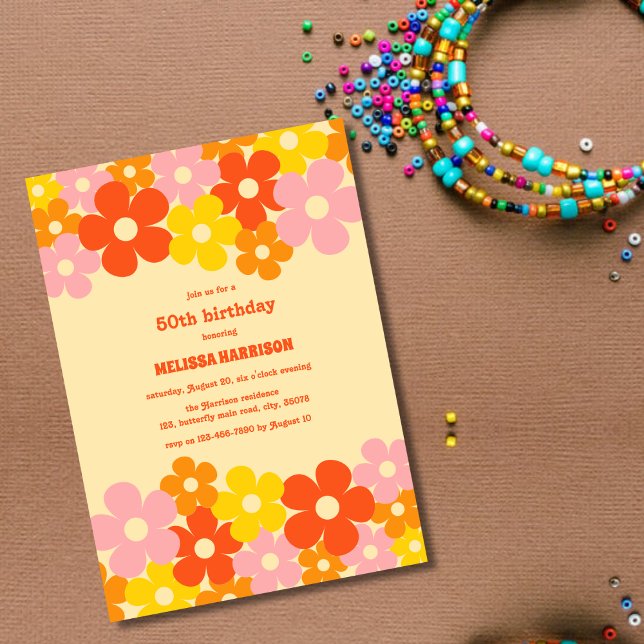 Invitation Fleur Boho colorée rétro orange 50e anniversaire (Créateur téléchargé)