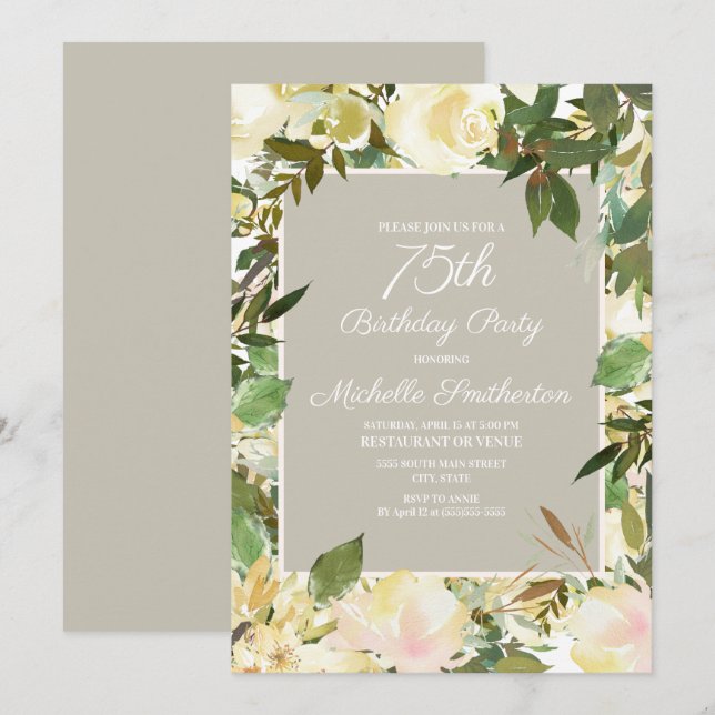 Invitation Fleur botanique blanche crémeuse pour 75e annivers (Devant / Derrière)