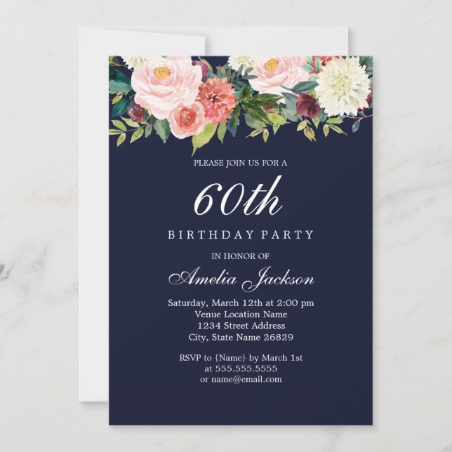 Invitation Fleur botanique pêche marine pour 60e anniversaire (Devant)
