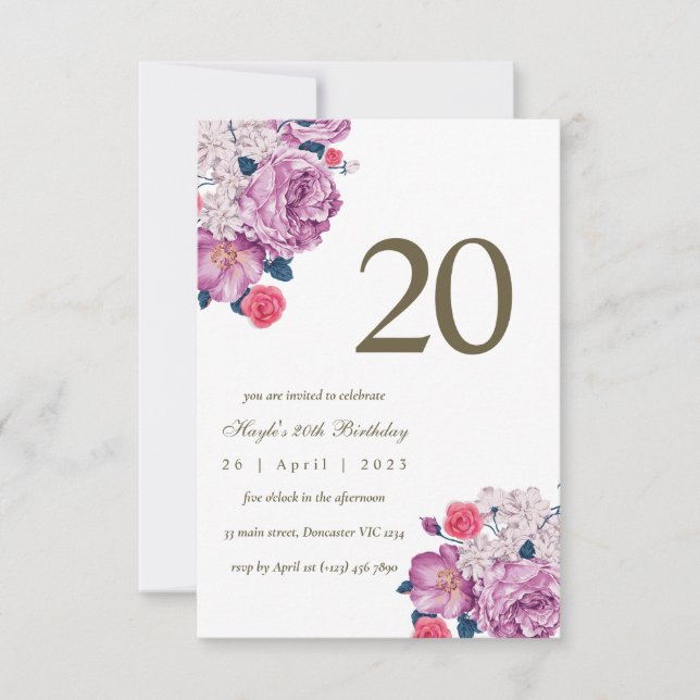 Invitation Fleur botanique pourpre Simple Chic 20e Anniversai (Devant)