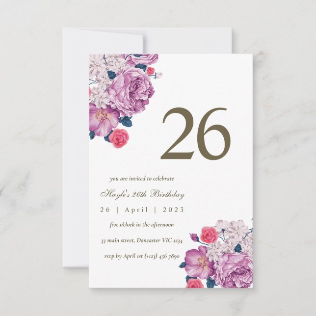 Invitation Fleur botanique pourpre Simple Chic 26e anniversai (Devant)