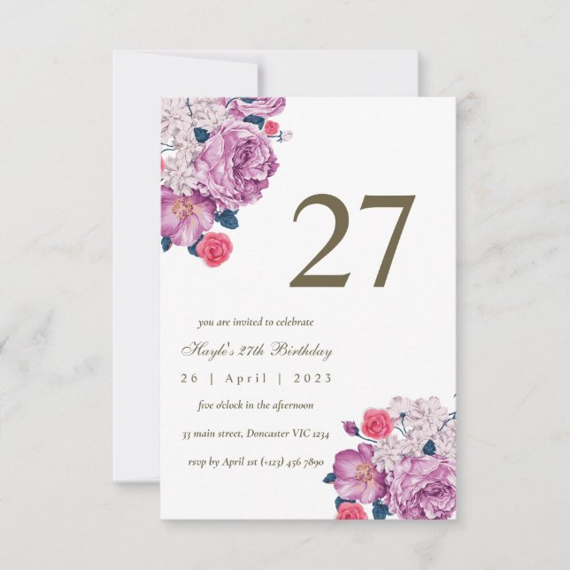Invitation Fleur botanique pourpre Simple Chic 27e Anniversai (Devant)