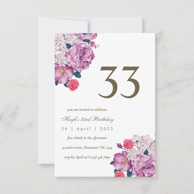 Invitation Fleur botanique pourpre simple chic 33e anniversai (Devant)