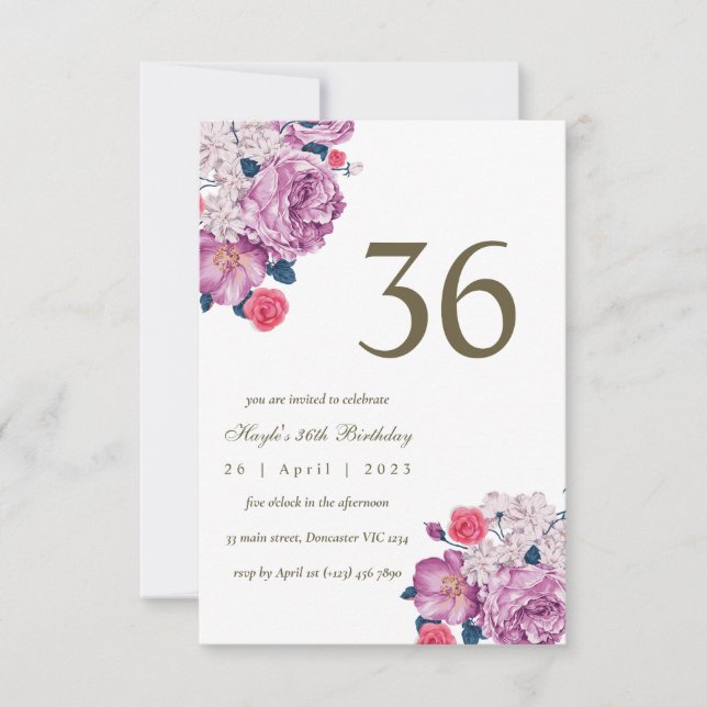 Invitation Fleur botanique pourpre simple chic 36e anniversai (Devant)