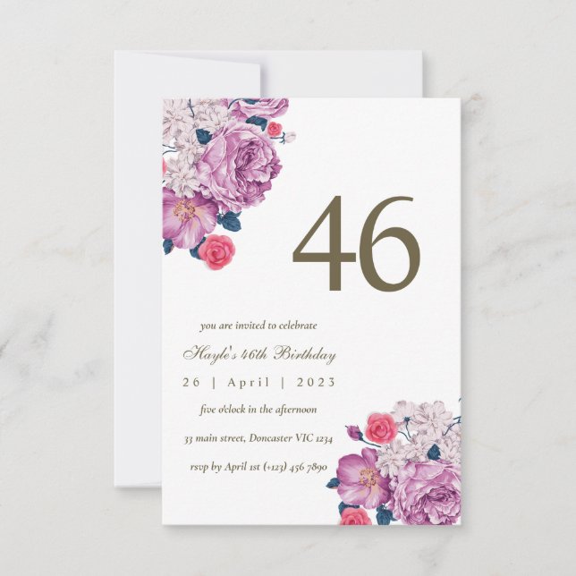 Invitation Fleur botanique pourpre Simple Chic 46e Anniversai (Devant)