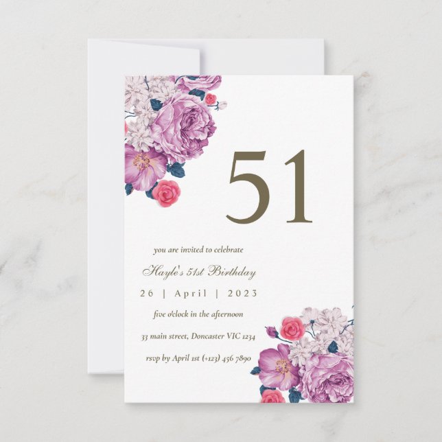 Invitation Fleur botanique pourpre Simple Chic 51e Anniversai (Devant)