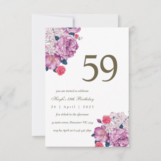 Invitation Fleur botanique pourpre Simple Chic 59e Anniversai (Devant)