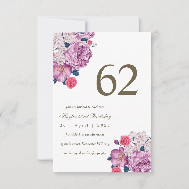 Invitation Fleur botanique pourpre Simple Chic 62e Anniversai (Devant)