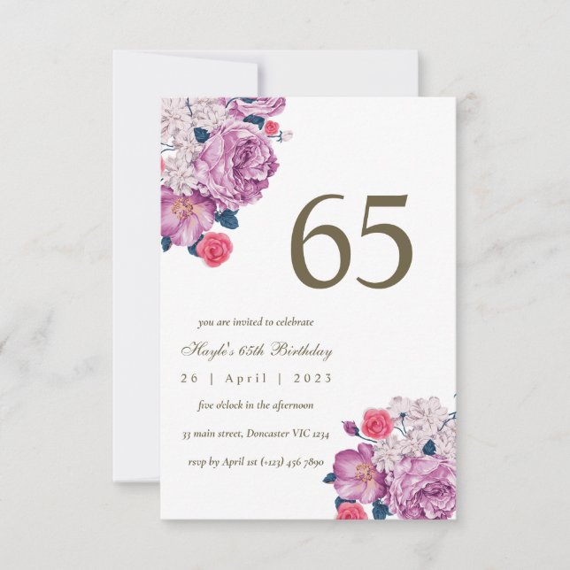 Invitation Fleur botanique pourpre Simple Chic 65e anniversai (Devant)
