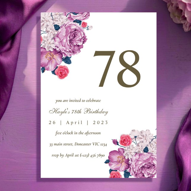 Invitation Fleur botanique pourpre Simple Chic 78e Anniversai (Créateur téléchargé)