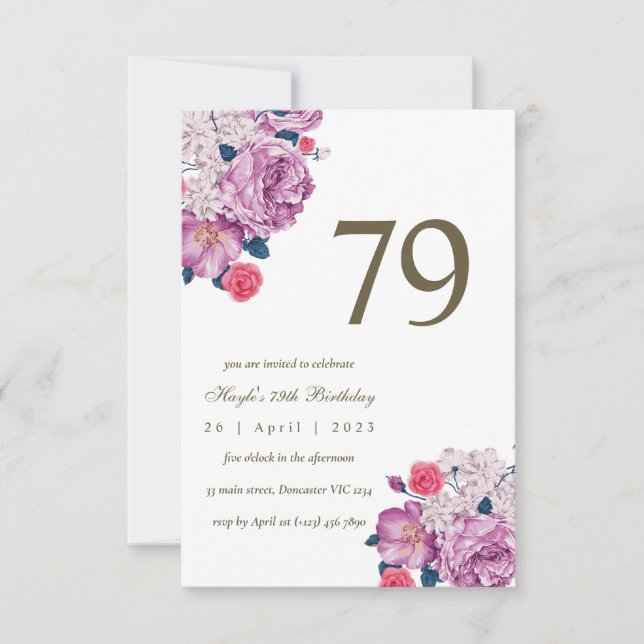 Invitation Fleur botanique pourpre Simple Chic 79e Anniversai (Devant)