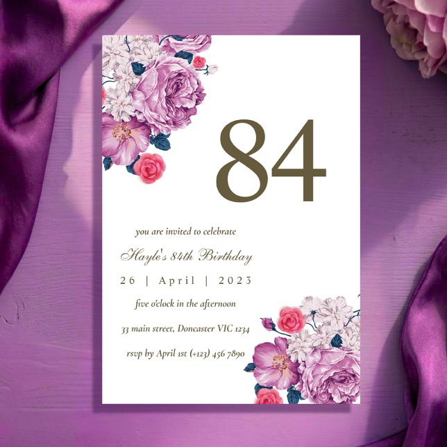 Invitation Fleur botanique pourpre Simple Chic 84e Anniversai (Créateur téléchargé)