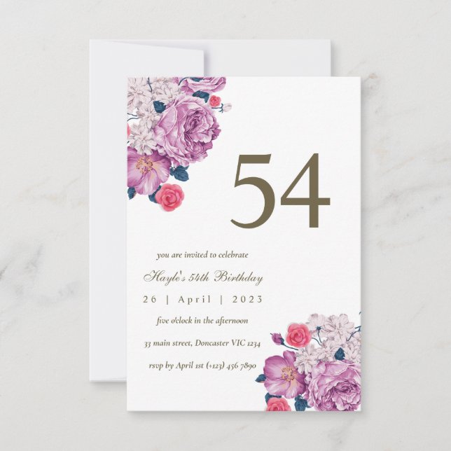 Invitation Fleur botanique pourpre simple et chic pour 54e an (Devant)