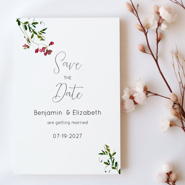 Invitation Fleur botanique rose rouge vert simple Enregistrer (Simple botanic pink red green flower Save the Date)