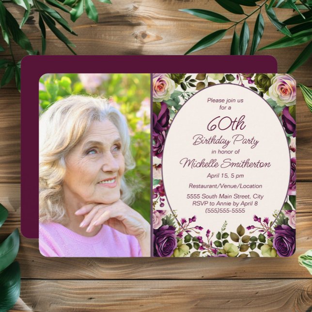 Invitation Fleur botanique rose violet 60 ans Photo (Elegant purple watercolor floral 60th birthday party photo invitation)
