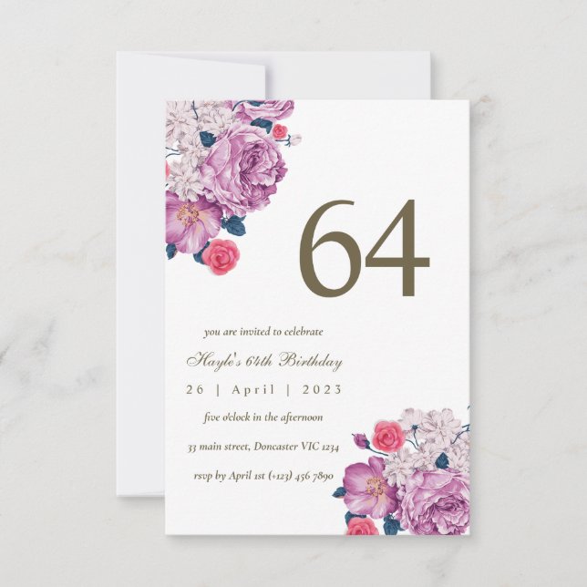 Invitation Fleur botanique violette simple et chic 64e annive (Devant)