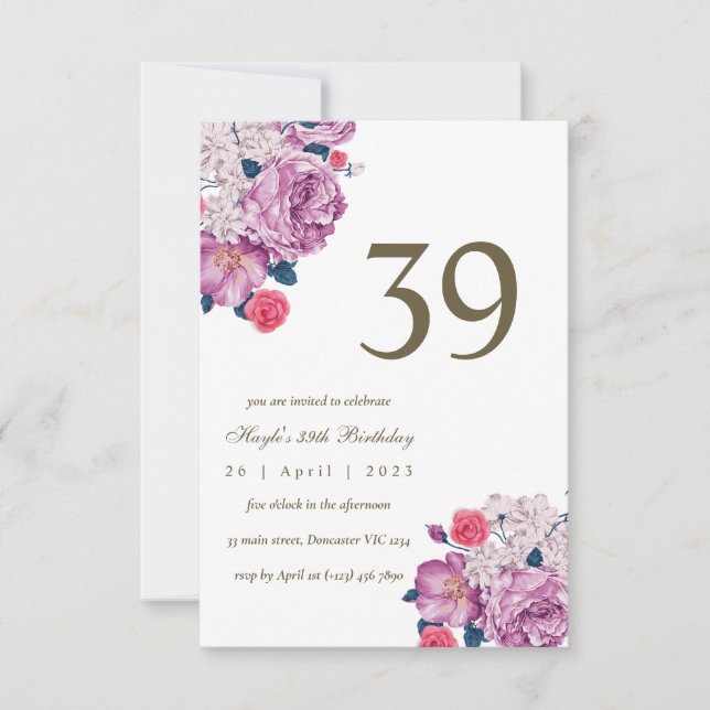 Invitation Fleur botanique violette simple et chic pour un 39 (Devant)