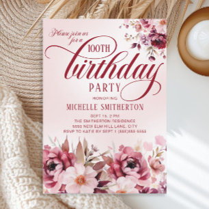 Invitation Fleur Burgundy Rose Élégant 100e Anniversaire