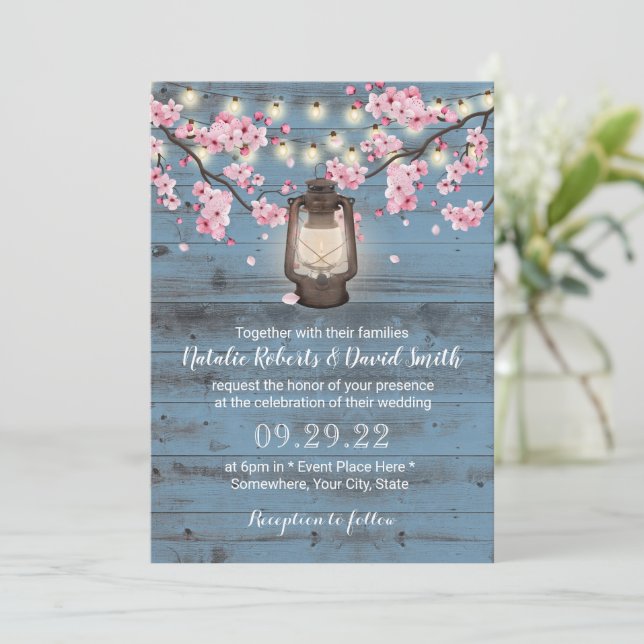 Invitation Fleur cerise Lanterne Dusty bleu Rustique Mariage (Debout devant)