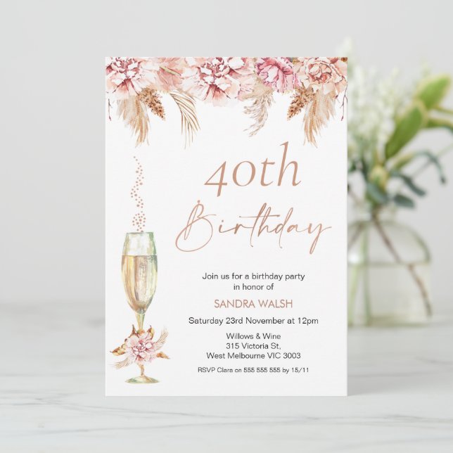 Invitation Fleur Champagne Verre Boho Pampas Anniversaire  (Debout devant)