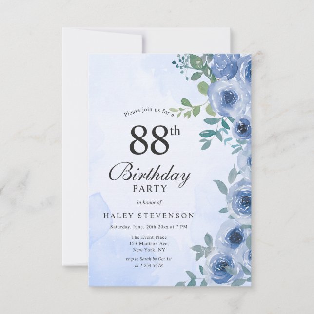 Invitation Fleur Chic Aquarelle Bleu Poussiéreux 88e Annivers (Devant)