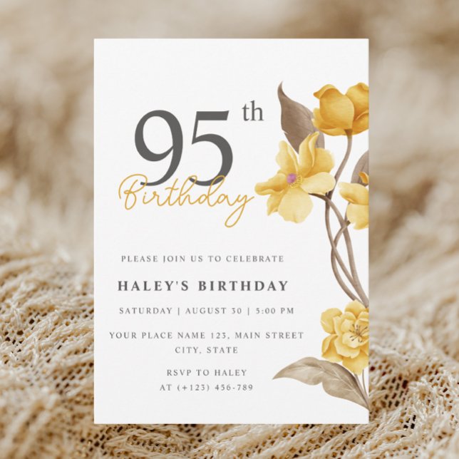 Invitation Fleur Chic Élégant Simple Jaune 95e Anniversaire (Créateur téléchargé)