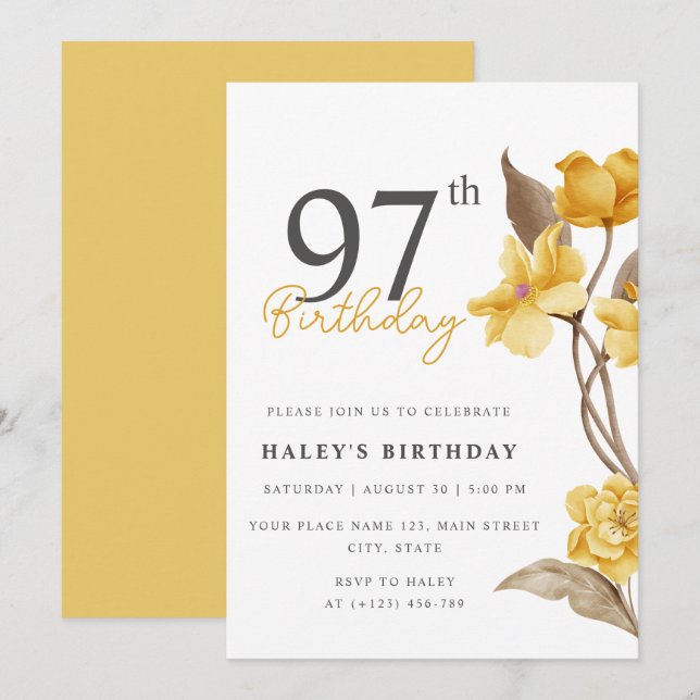 Invitation Fleur Chic Élégant Simple Jaune 97e Anniversaire (Devant / Derrière)