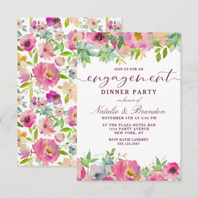 Invitation Fleur Chic Mint & Blush Floral Engagement Party (Devant / Derrière)
