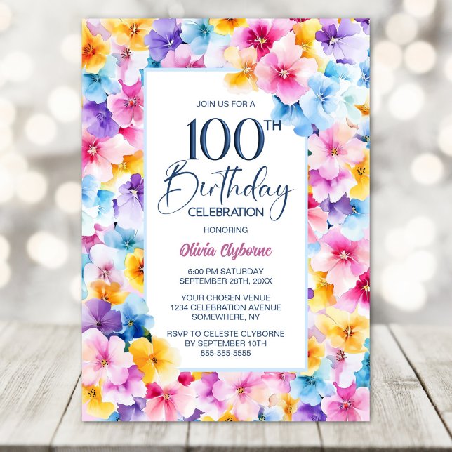 Invitation Fleur colorée 100e fête d'anniversaire (Créateur téléchargé)