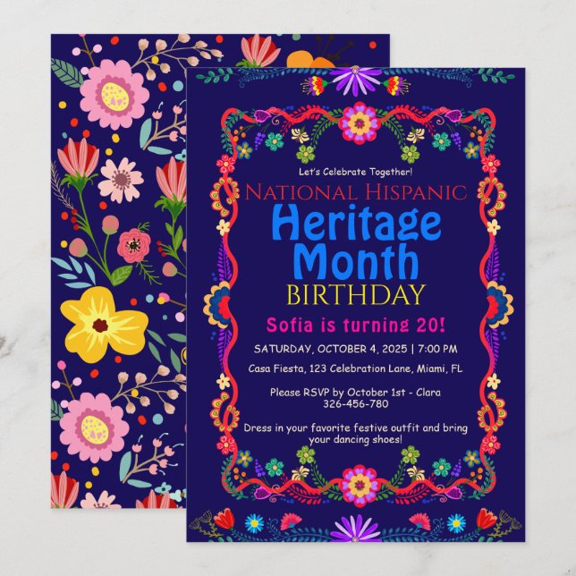Invitation Fleur Colorée Anniversaire du Patrimoine Hispaniqu (Devant / Derrière)