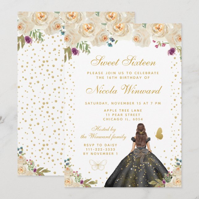 Invitation Fleur Crème Cheveux Bruns Princesse Sweet Seize An (Devant / Derrière)