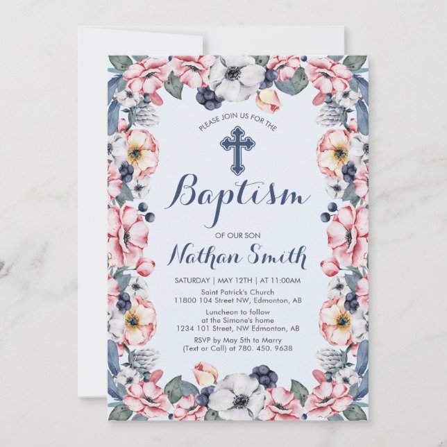 Invitation Fleur & Croix | Baptême de garçon (Devant)