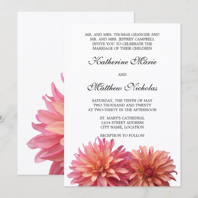 Invitation Fleur Dahlia peinte en rose et corail (Devant / Derrière)
